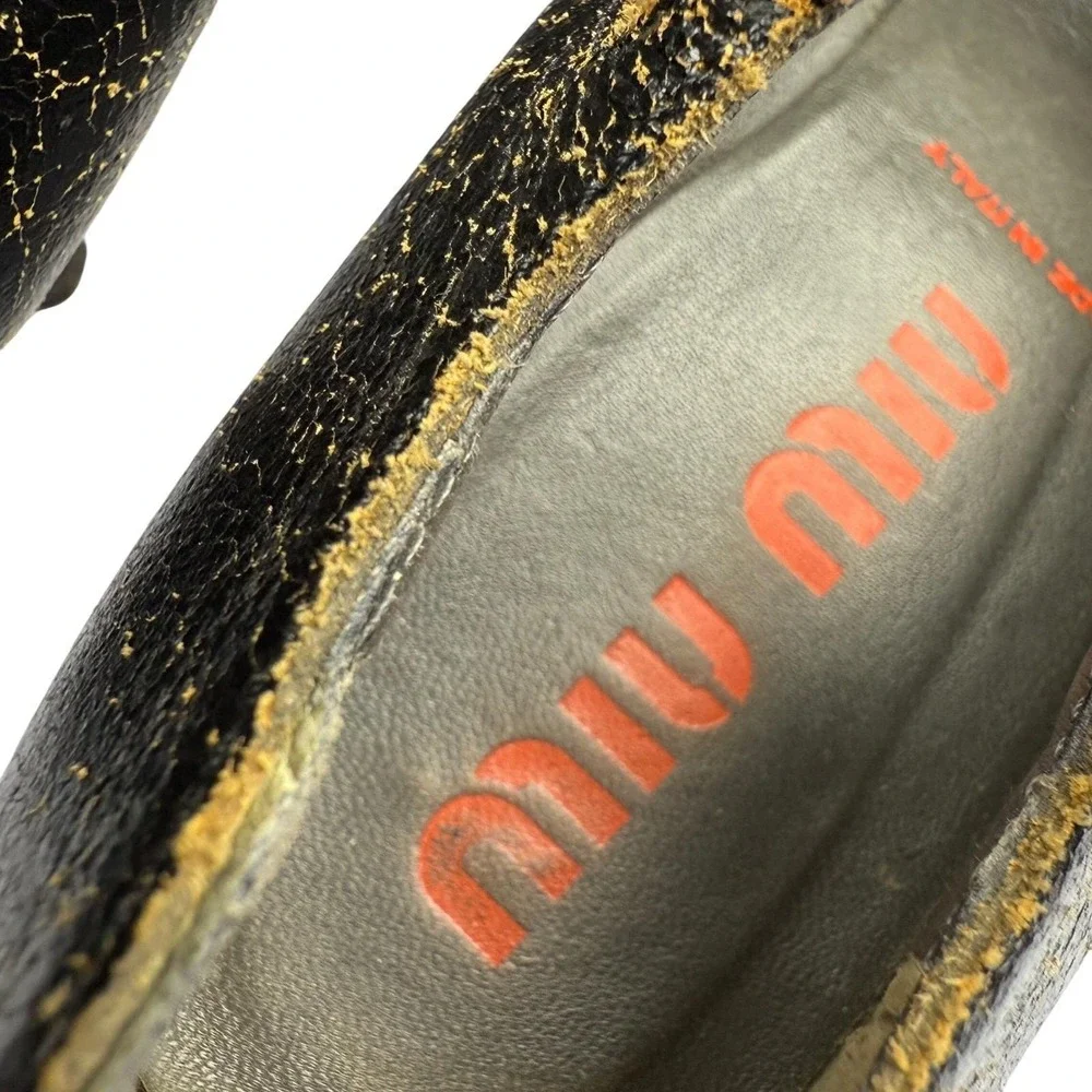 Vintage 2001 MIU MIU‎ Size 37 Black Crackle Leather Mary Janes Kitten Heels Y2K